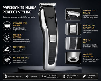HTC AT-538 Professional Rechargeable Hair Clipper Trimmer | Cordless Design, T-Blade Precision, For Men, Black & Silver